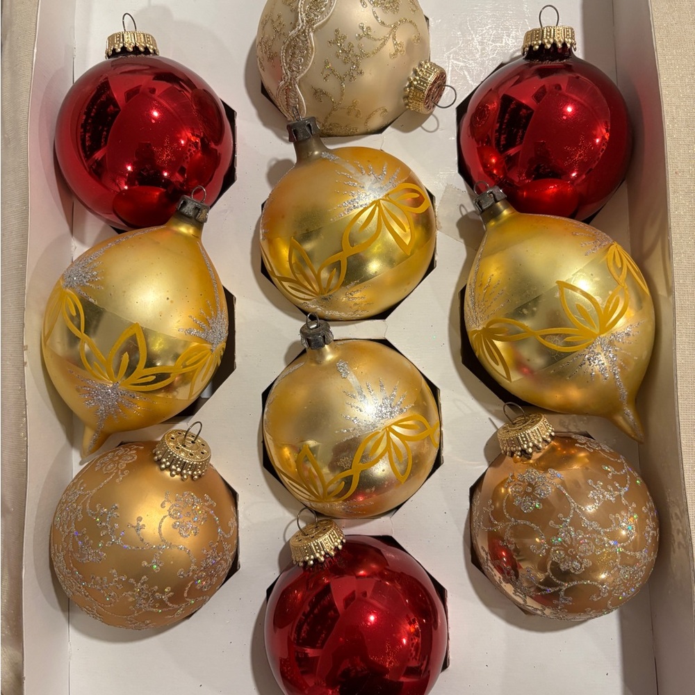 Vintage fabulous Gold Holiday Ornaments Set with a few reds to make them pop!